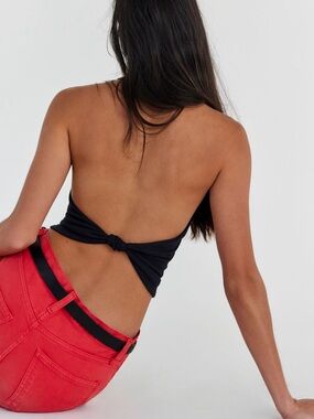Free People Black Ribbed Back-Knot Crop Top